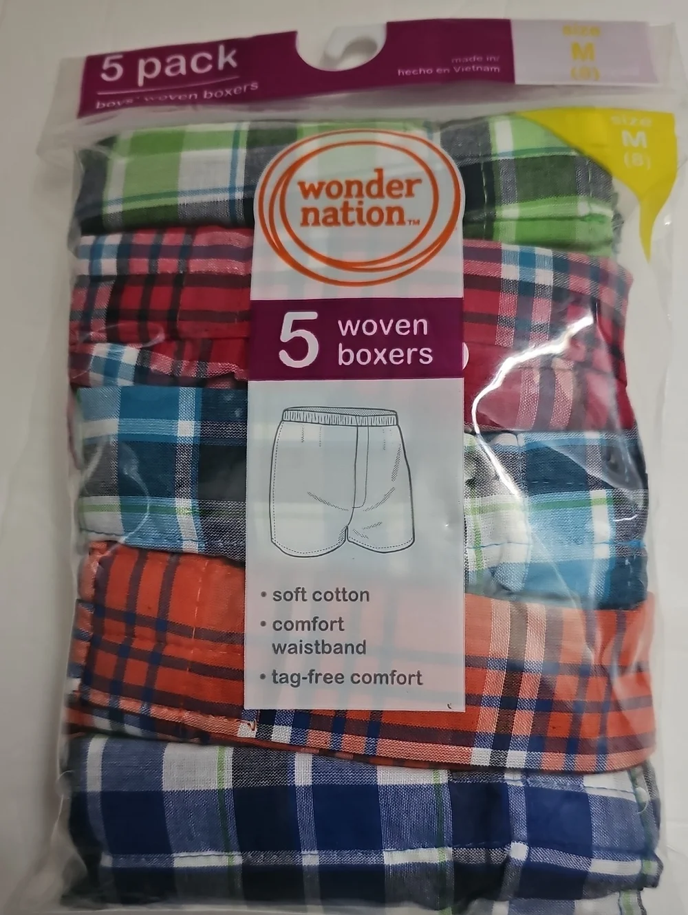wonder nation Boys 5-Pack Plaid Woven Boxers - Green, Red, Blue, Orange, Navy